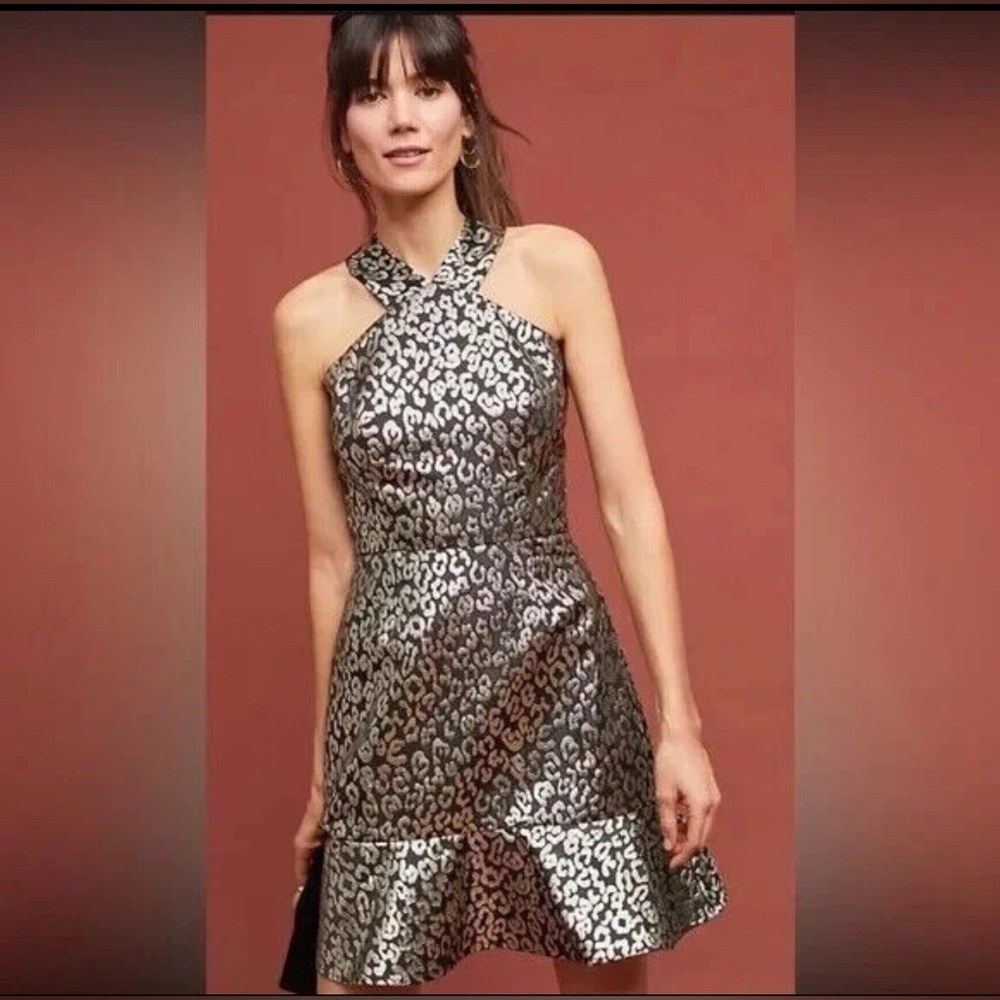 ANTHROPOLOGIE $230 Hutch Metallic Leopard Flounce Halter Twiggy Dress Size 4 - Picture 2 of 6